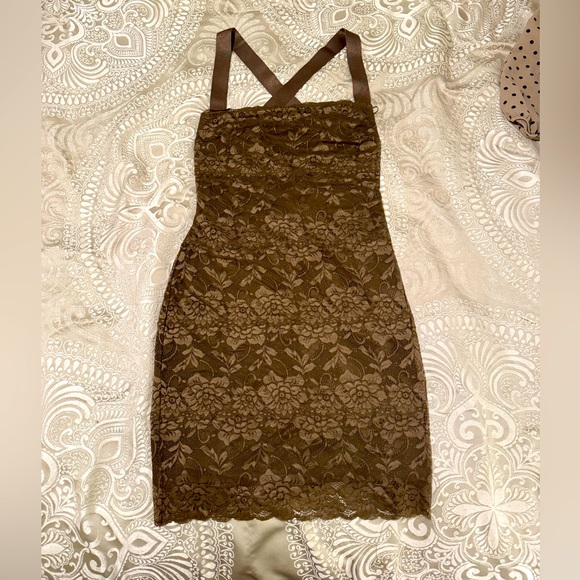 Guess Dark Green Lace Bodycon Cross Strap Mini Dress - Picture 1 of 3